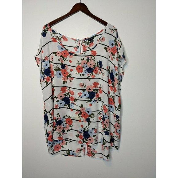 TORRID Pink White Floral Striped Button Back Sheer Polyester Top Size 3 - Picture 2 of 6